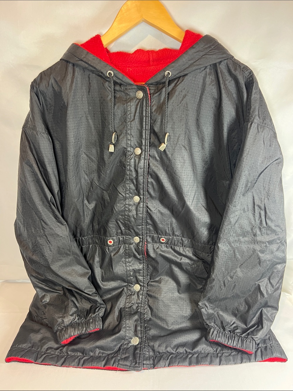 Men's Hooded Button Front Jacket Black with Red Fleece Lined Solid